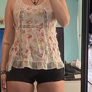 Floral Tank with Lace Cutouts